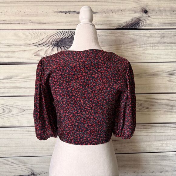 Zara Red & Black Floral Puff Sleeve Sweetheart Crop Top - Picture 7 of 10